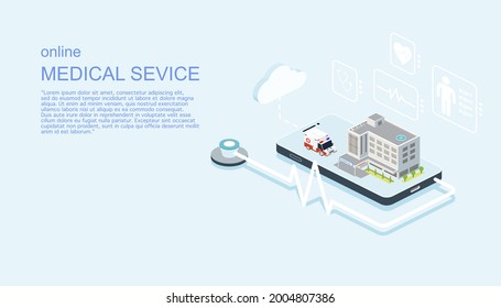 Medical Service Online On Smart Phone Application Concept. Digital Health Care. Vector Illustration Isometric Design.