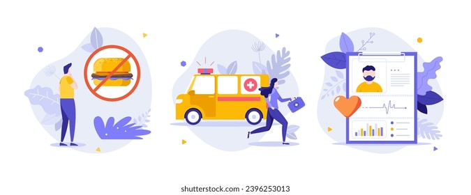 Medical service for patient flat concept vector illustrations set. Ambulance aid, anamnesis and healthy nutrition cartoon composition. Healthcare solutions idea for website, mobile, presentation