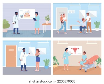 Medical service for patients flat color vector illustrations set. Doctor appointment. Fully editable 2D simple cartoon characters collection with hospital office on background. Bebas Neue font used