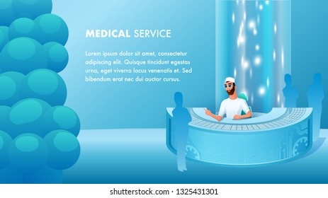 Medical Service Reception Desk Male Character. Hospital Assistant, Doctor. Patient Consultation. Innovation Technology. Medic Laboratory Administration Worker. Cartoon Flat Vector Illustration