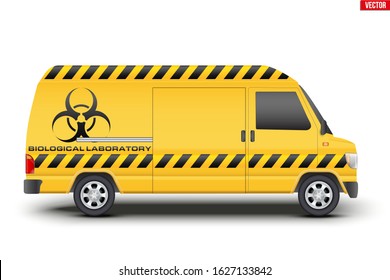 Medical service rescue van. Biological Laboratory Transport. Antiepidemiological Special Service. Yellow color. Editable Vector illustration Isolated on white background.