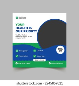 Medical service social media post design and healthcare banner template