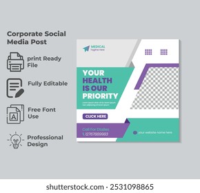 Medical service social media post design template, Medical and health care social media post design collection. card, banner, and web ad
