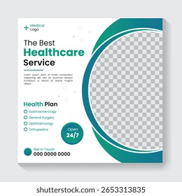 Modelo de pós-design de mídia social de serviço médico, modelo de mídia social de saúde, anúncios de banner de mídia social hospitalar, promoção médica design de post quadrado