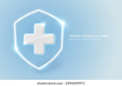 Símbolos del servicio médico tales como hospital, clínica, ambulancia con el icono de la señal del plus y la línea brillante del escudo. Plantilla del archivo de Ilustración vectorial.