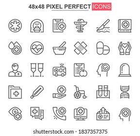 Medical service thin line icon set. Online consultation outline pictograms for website and mobile app GUI. Diagnosis and treatment simple UI, UX vector icons. 48x48 pixel perfect pictogram pack.