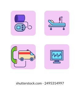 Medical service vector icon set. Hospital ward, emergency call, electrocardiogram, tonometer. Medicine concept. Vector illustrations can be used for topics like healthcare, treatment