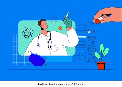 Medical service web concept with character scene. Doctor consulting patient online, prescribes treatment and vaccination. People situation in flat design. Vector illustration for marketing material.