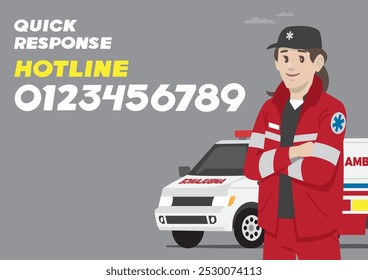 medical service woman with work hat and red jacket and side promotion campaign standing in front of car  with call number for quick response call