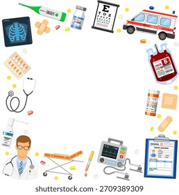 Banner e quadro de serviços médicos com ícones planos médico, contêiner de sangue, cartão médico, ambulância e medicamentos.