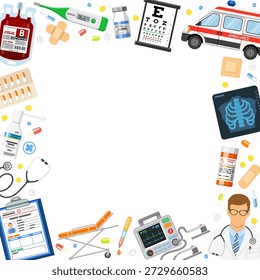 Servicios Médicos Anuncio y Marco Servicios Médicos Anuncio y Marco con iconos planos doctor, contenedor de sangre, tarjeta médica, ambulancia y medicación. Ilustración vectorial aislada