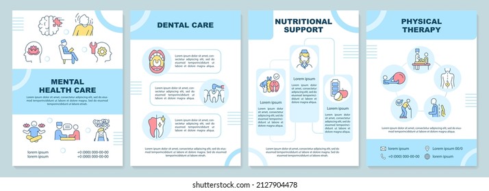 Plantilla de folleto azul para servicios médicos. Los pacientes cuidan. Diseño del prospecto con iconos lineales. 4 diseños vectoriales para presentación, informes anuales. Arial-Black, Myriad Pro-Regular fuentes utilizadas