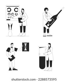 Medical services bw concept vector spot illustrations pack. Doctors diagnosis 2D flat line monochromatic cartoon characters on white for web UI design. Editable hero image for landing, mobile header