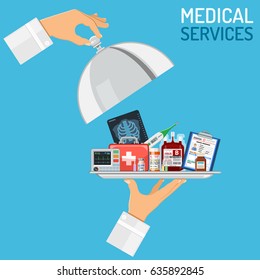 medical services concept with flat icons doctor hand holds tray with medicaments like blood container, medical card, thermometer. other hand holds cover. isolated vector illustration