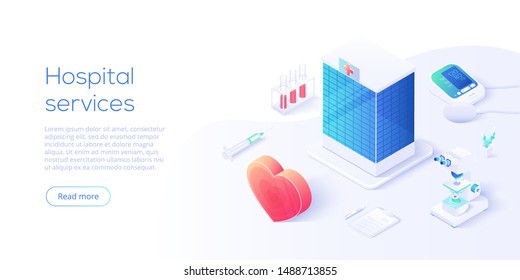 Medical Services Concept In Isometric Vector Illustration. Hospital Building With Blood Measuring Or Checking Machine, Heart And Syringe As Healthcare Metaphor. Health Diagnostics Background