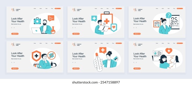 Medical services concept of landing page with slide templates set in flat design. Website headers with people check and diagnosis patients, prescribe treatment, research viruses. Vector illustrations.