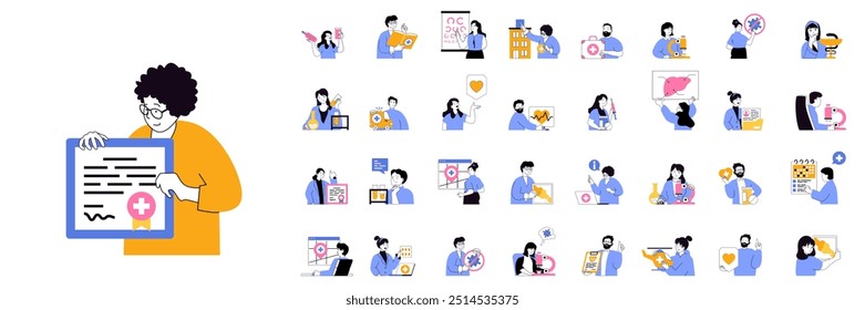 Medical services concept mega set with character scenes in flat design for web. Bundle situations with people using healthcare insurance, making tests, diagnosis and treatment. Vector illustrations.