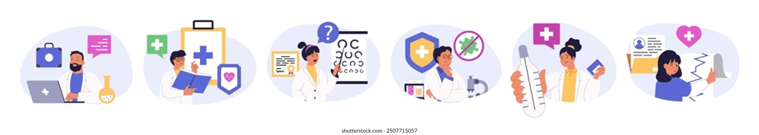 Medical services concept set in flat design for web. Collection with people making tests in lab, diagnosis patients and prescribing treatment, research viruses, checking eyesight. Vector illustration.