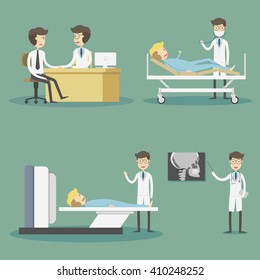 Medical services with doctors and patients in hospitals.