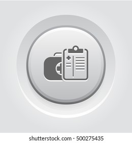 Medical Services Icon. Grey Button Design. Isolated Illustration. Medical suitcase with doctoral tablet.