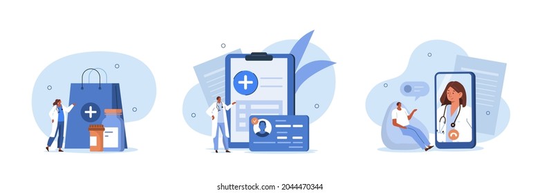 Medical services illustration set. Characters talking with doctor online, buying medicament in pharmacy store, using health insurance policy. Medicine concept. Vector illustration.
