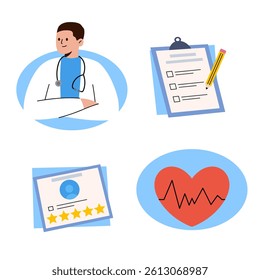  medical services illustration set. A doctor, writing on a clipboard, healthcare character. flat design illustration, muted tones. clipboard with stethoscope, medical check form report, health checkup