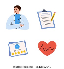  medical services illustration set. A doctor, writing on a clipboard, healthcare character. flat design illustration, muted tones. clipboard with stethoscope, medical check form report, health checkup