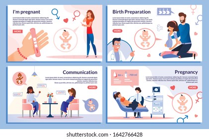 Medical Services or Labs, Online Courses for Pregnant Women Trendy Flat Vector Web Banner, Landing Page Set. Woman Doing Pregnancy Test, Meeting Friend, Doing Exercises, Visiting Doctor Illustration