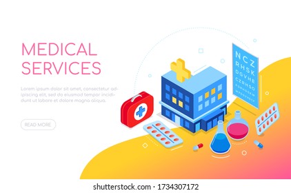 Medical services - modern colorful isometric web banner with copy space for text. A composition with a hospital, pills, first aid kits, laboratory flasks, eye chart. Clinic, medicine and healthcare