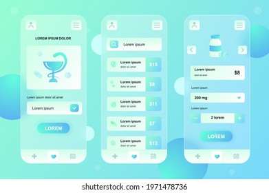 Medical services neumorphic elements kit for mobile app. Online pharmacy, list of medicines with prices, payment. UI, UX, GUI screens set. Vector illustration of templates in glassmorphic design