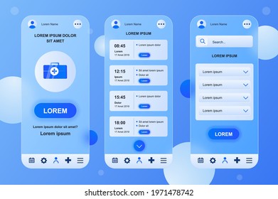 Medical services neumorphic elements kit for mobile app. Online account, doctor schedule, appointment, consultation. UI, UX, GUI screens set. Vector illustration of templates in glassmorphic design