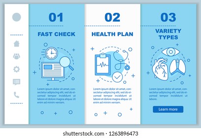 Medical services onboarding mobile web pages vector template. Diagnosis. Medical exam. Healthcare and medicine. Responsive smartphone website interface. Webpage walkthrough step screens. Color concept