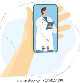 Medical services online. A man calls a doctor by video call, telephone consultation. Quarantine, self-isolation, coronavirus pandemic.
