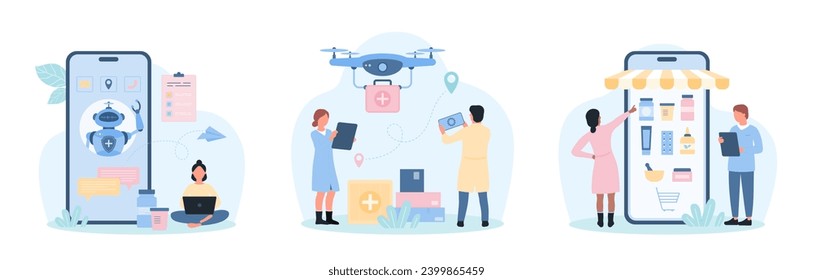 Servicios médicos en línea conjunto ilustración vectorial. Pequeños caricaturistas ordenan la entrega de medicamentos de la farmacia, clientes hablando con un bot de asistencia médica, médicos controlan drones cargando caja de emergencia