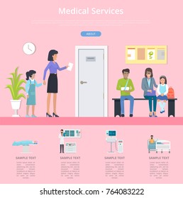 Medical services, patients sitting on bench, man with broken arm and mother with child, icons of doctor and equipment with text on vector illustration