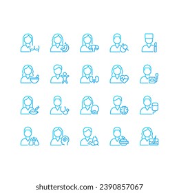 Medical services pixel perfect gradient linear vector icons set. Doctor checkup. Medical clinic departments. Thin line contour symbol designs bundle. Isolated outline illustrations collection