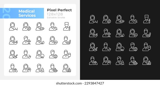 Medical services pixel perfect linear icons set for dark, light mode. Doctor checkup. Medical clinic departments. Thin line symbols for night, day theme. Isolated illustrations. Editable stroke