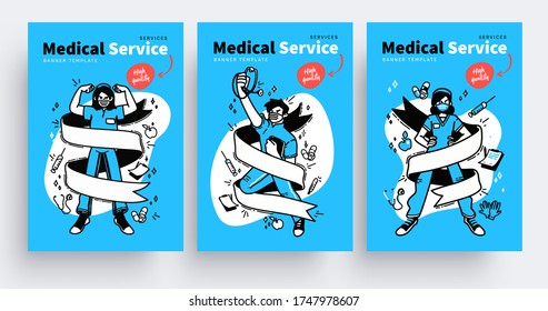 Medical services poster design concepts. Healthcare medical professionals. Doctors, nurses, staff people. Vector illustration