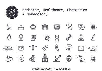 Medical services, pregnancy, obstetrics, gynecology thin line icons. Mother, fetus, newborn health. Ambulance, treatment, reanimation, health care equipment. Pictograms for web service and mobile app.