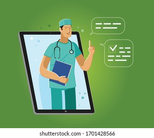 Medical services provided through an application on tablet. Health vector illustration