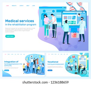 Medical services, rehabilitation program, integration of handicapped persons in community, vocational training and employment vector illustration