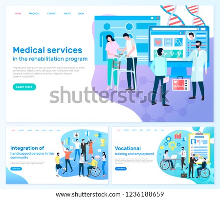 Medical services, rehabilitation program, integration of handicapped persons in community, vocational training and employment vector illustration