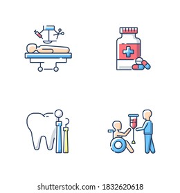 Medical services RGB color icons set. Medical operation. Dental medicine and health. Drugstore. Pharmaceutical drug. Rehabilitation. Hospital department. Isolated vector illustrations