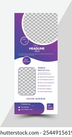 Medical services rollup banner design template with purple color combination.