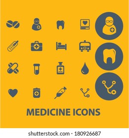 medical services, scientific research, medicine, health care, hospital, clinics, doctor, therapy, pills, treatment, technology, emergency department, first help, diagnosis icons, signs vector
