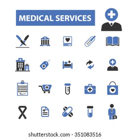 medical services, scientific research, medicine, health care, hospital, clinics, doctor, therapy, pills, treatment, technology, emergency department, first help, diagnosis icons, signs vector
