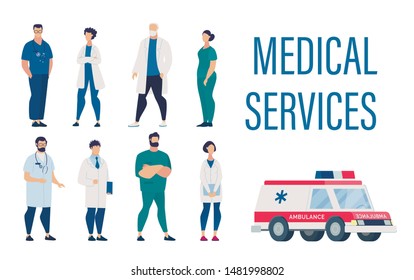 Servicios Médicos con Personal de Caricatura y Camión de Ambulancia. Profesional Cirujano, Enfermero, Terapia, Dentista, Traumatólogo y otros Profesionales. Primeros auxilios. Ilustración plana vectorial