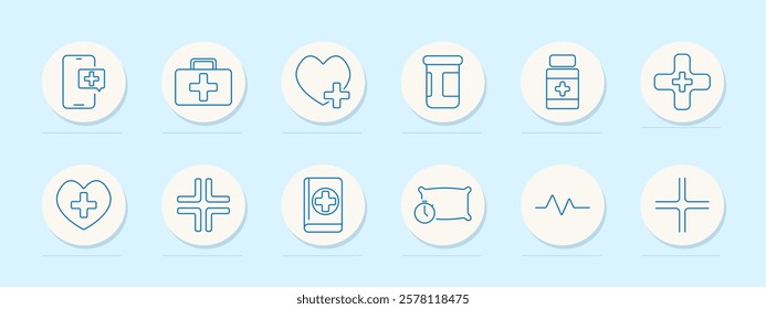 Medical services set icon. Mobile health, first aid, heart health, medication, hospital, pharmacy, book, sleep monitoring, heartbeat, medical symbol