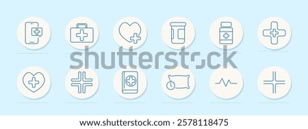 Medical services set icon. Mobile health, first aid, heart health, medication, hospital, pharmacy, book, sleep monitoring, heartbeat, medical symbol