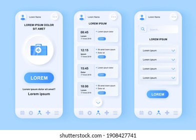 Medical services unique neomorphic design kit. Online solution for booking an appointment with doctor at medical center. UI UX templates set. Vector illustration of GUI for responsive mobile app.